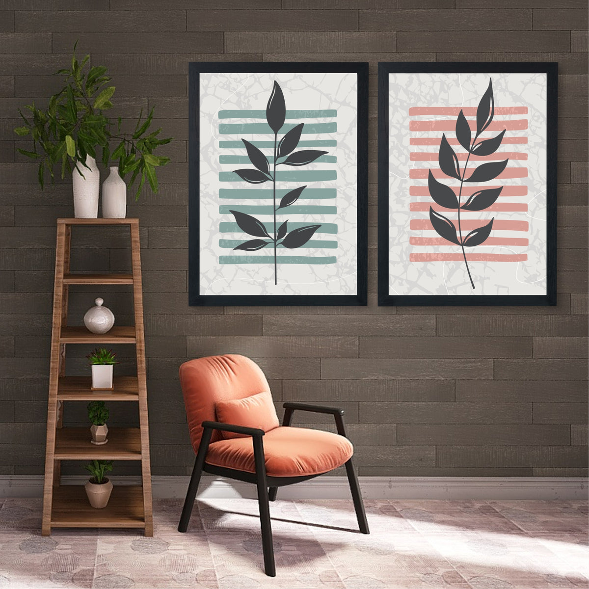 Modern Botanical Leaf Wall Art Set of 2 | Abstract Plant Prints | Sage Green & Blush Pink Decor