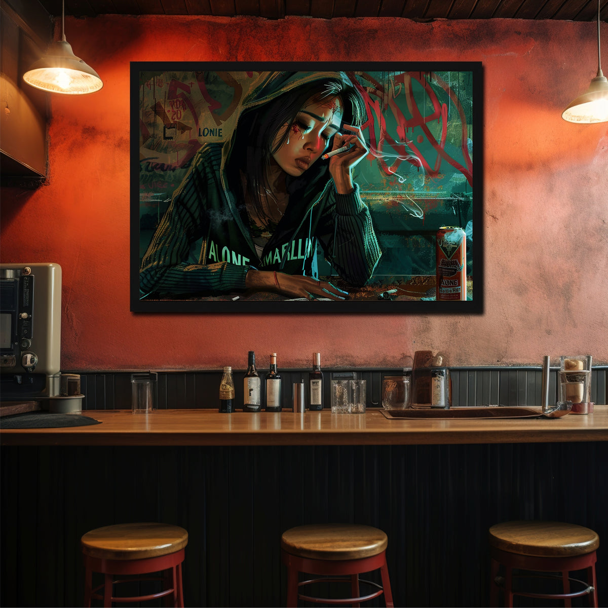 Smoking Girl Wall Art | Framed Urban Graffiti Girl Artwork | Moody Modern Street Art Décor | Contemporary Wall Décor