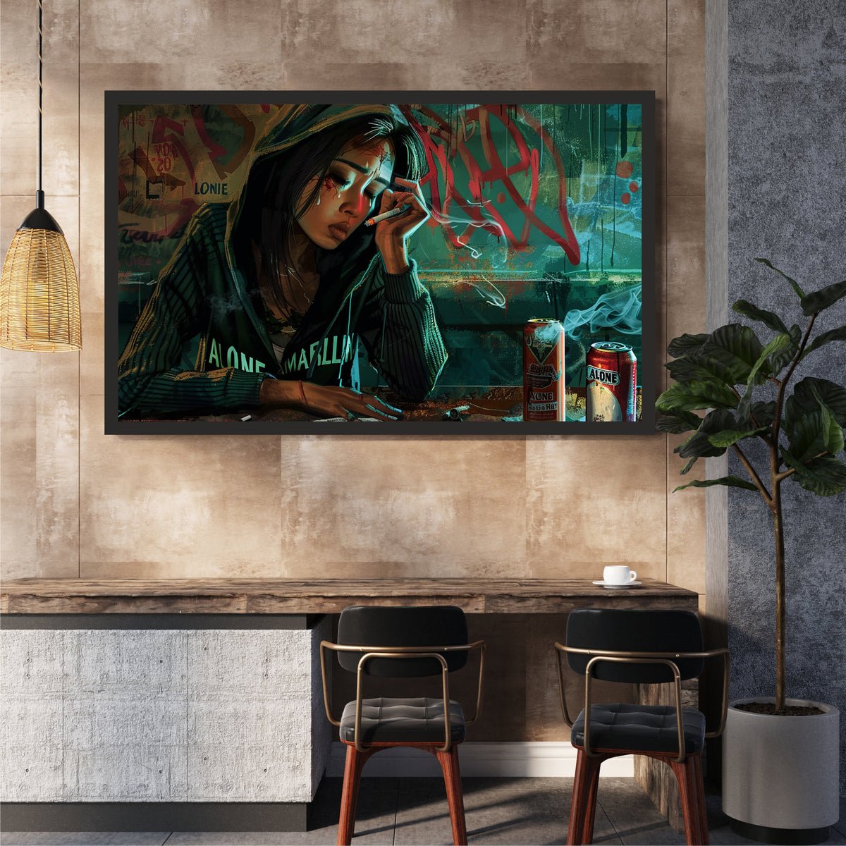 Smoking Girl Wall Art | Framed Urban Graffiti Girl Artwork | Moody Modern Street Art Décor | Contemporary Wall Décor