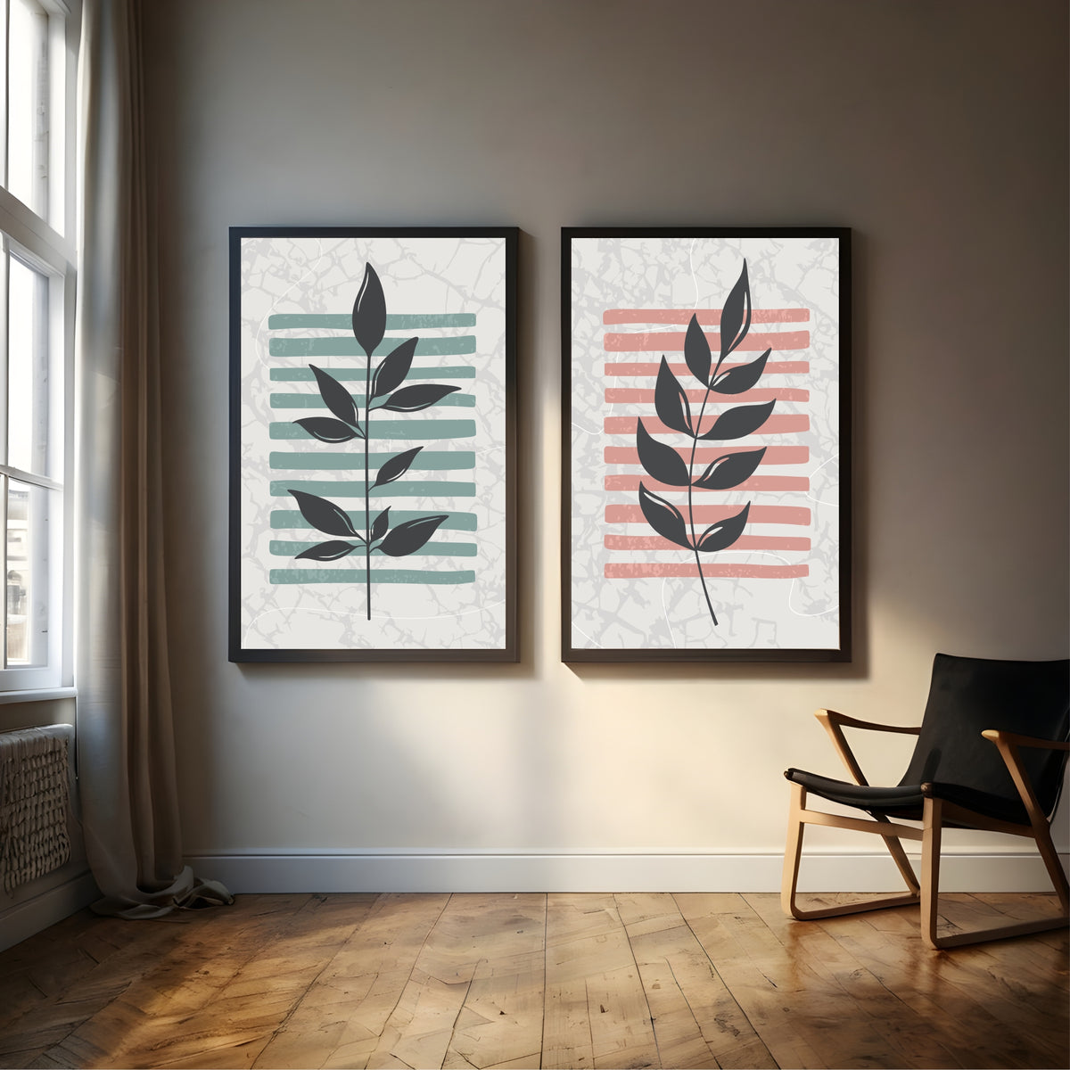 Modern Botanical Leaf Wall Art Set of 2 | Abstract Plant Prints | Sage Green & Blush Pink Decor