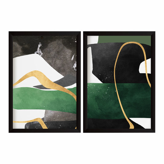 Modern Abstract Wall Art Set of 2 | Green & Gold Minimalist Prints