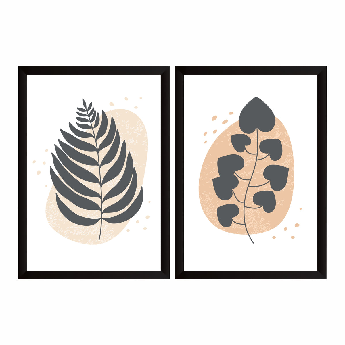 Modern Botanical Leaf Wall Art Set of 2 | Minimalist Plant Prints | Neutral Beige & Charcoal Decor