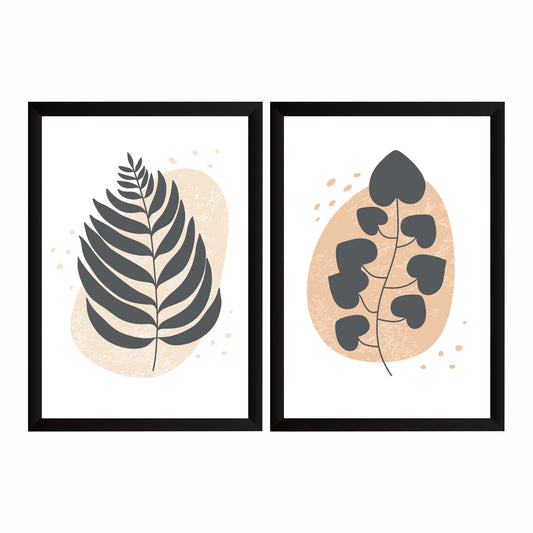 Modern Botanical Leaf Wall Art Set of 2 | Minimalist Plant Prints | Neutral Beige & Charcoal Decor