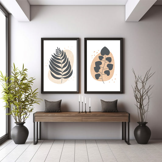 Modern Botanical Leaf Wall Art Set of 2 | Minimalist Plant Prints | Neutral Beige & Charcoal Decor