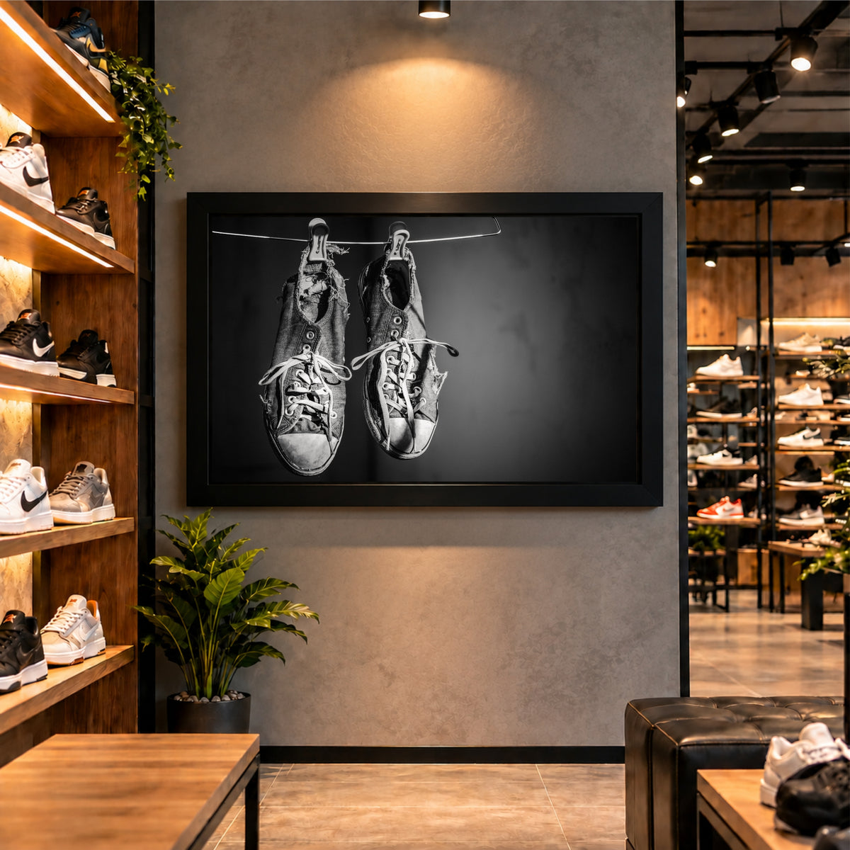 Vintage Sneakers Wall Art | Hanging Shoes Artwork | Black & White Footwear Decor