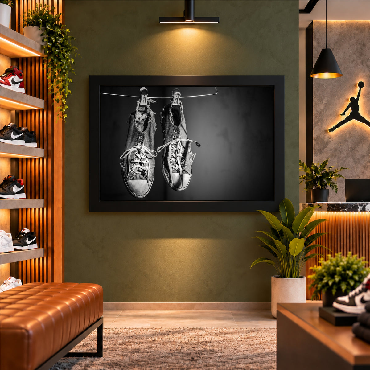 Vintage Sneakers Wall Art | Hanging Shoes Artwork | Black & White Footwear Decor
