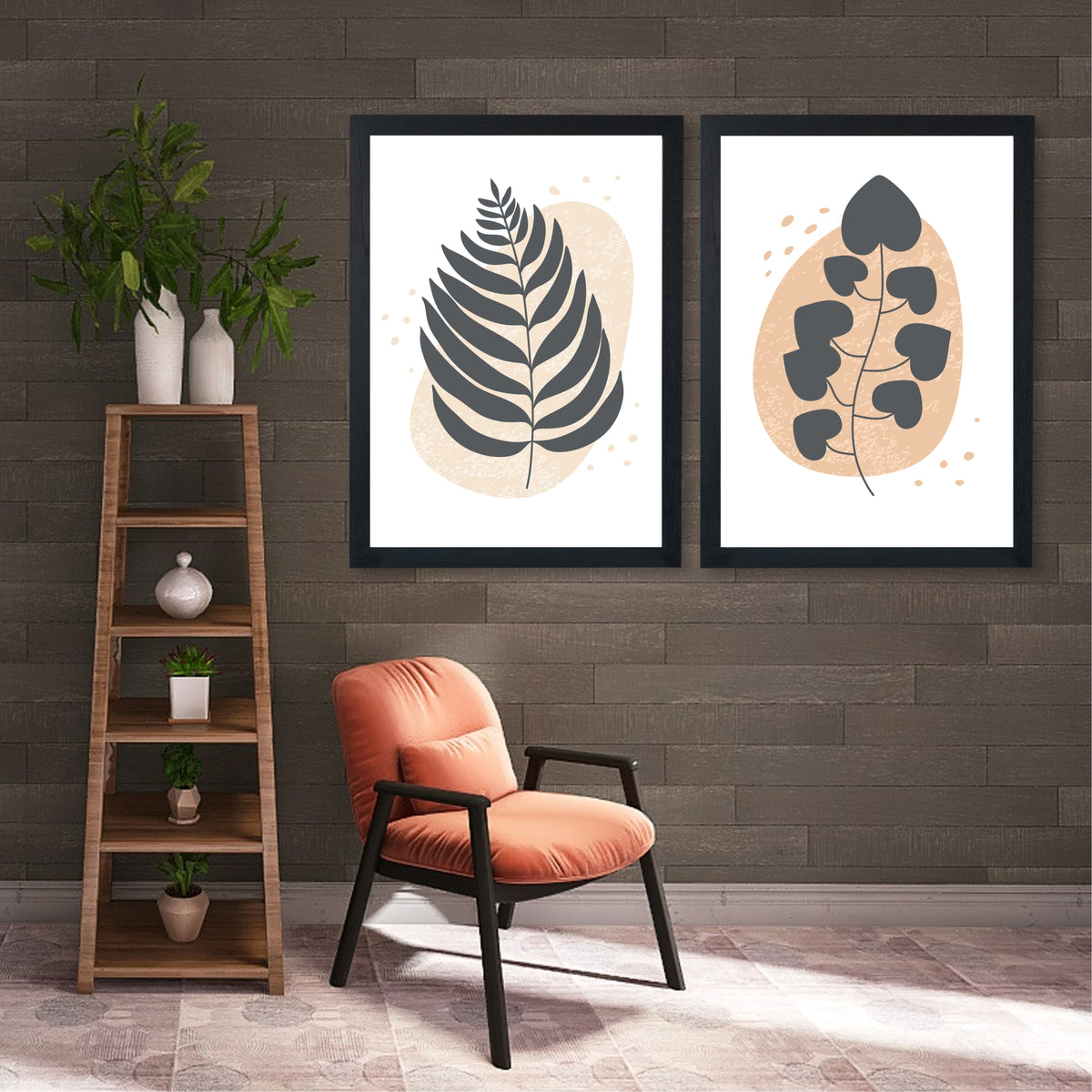 Modern Botanical Leaf Wall Art Set of 2 | Minimalist Plant Prints | Neutral Beige & Charcoal Decor