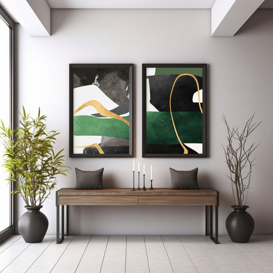Modern Abstract Wall Art Set of 2 | Green & Gold Minimalist Prints