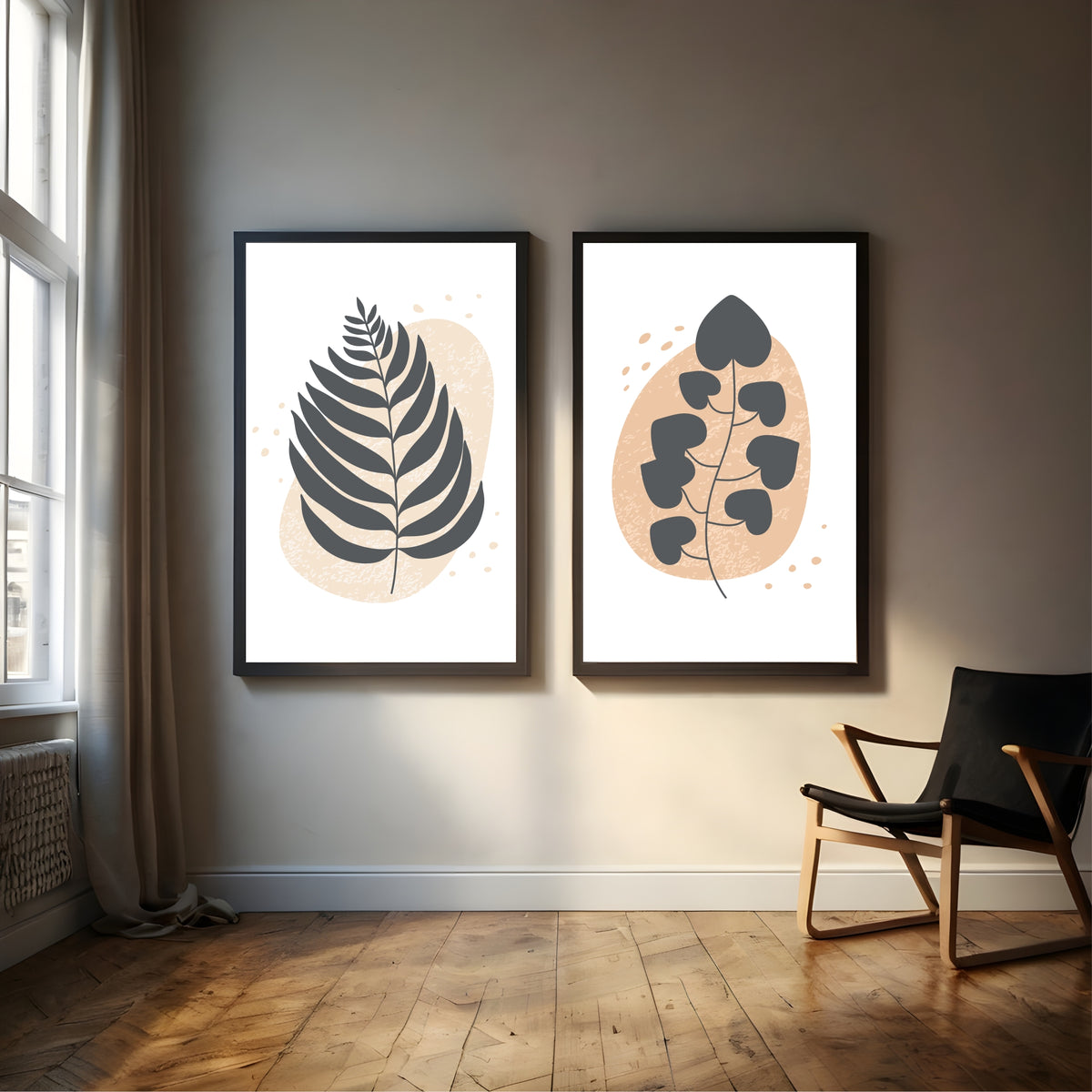 Modern Botanical Leaf Wall Art Set of 2 | Minimalist Plant Prints | Neutral Beige & Charcoal Decor
