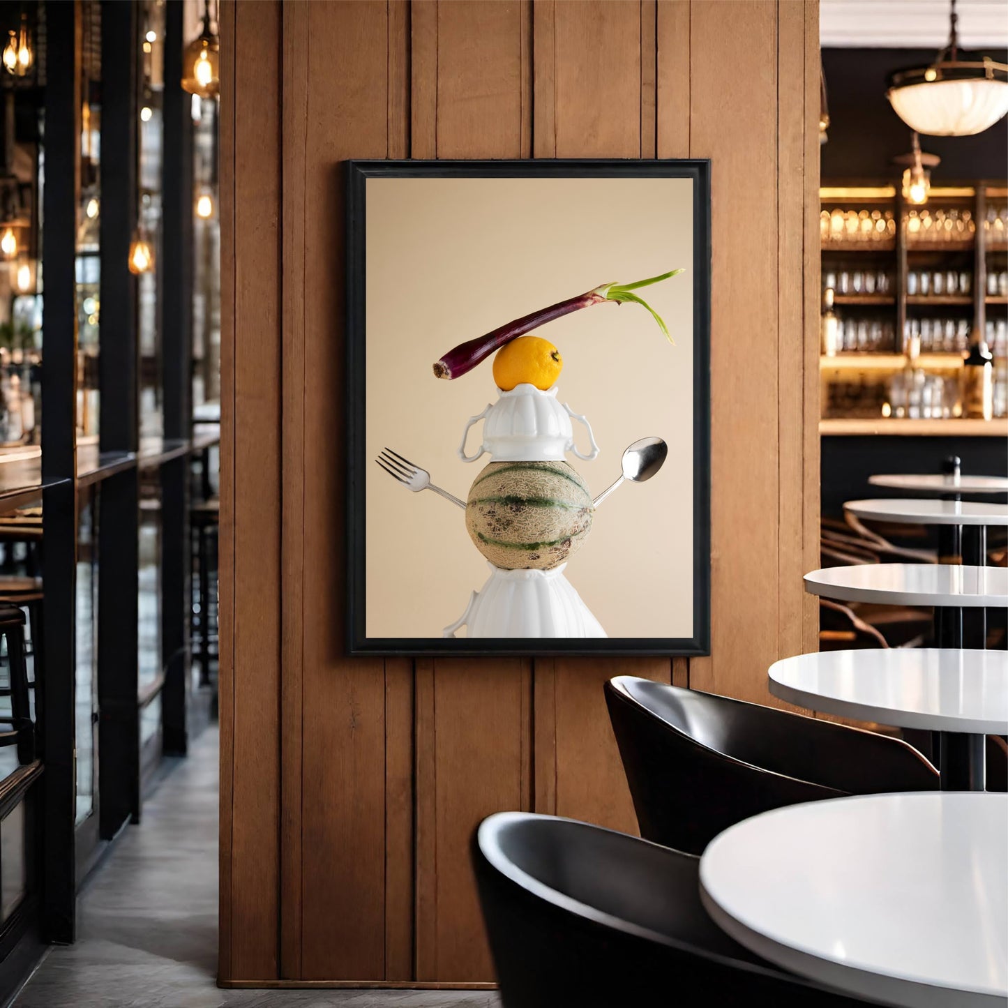 Creative Food Balance Wall Frame – Artistic Kitchen & Café Décor 🍋🍈🍽️