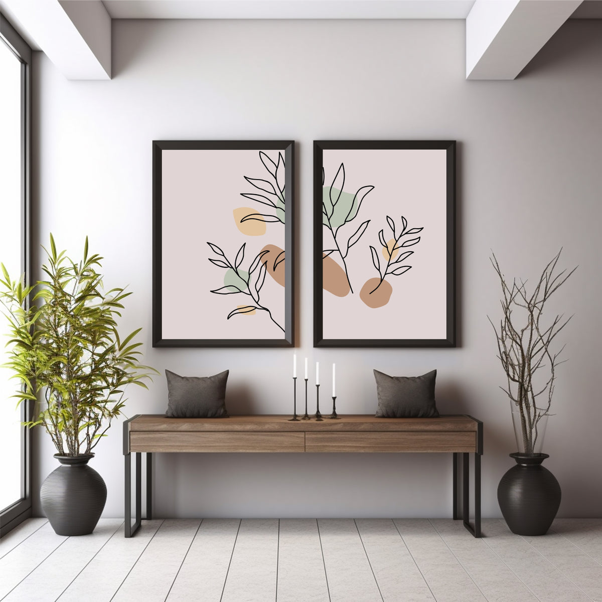 Abstract Botanical Leaf Wall Art Set of 2 | Minimalist Line Art Prints | Neutral Beige & Sage Green Decor