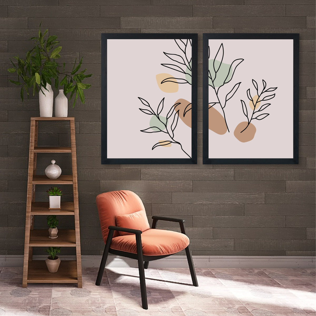 Abstract Botanical Leaf Wall Art Set of 2 | Minimalist Line Art Prints | Neutral Beige & Sage Green Decor