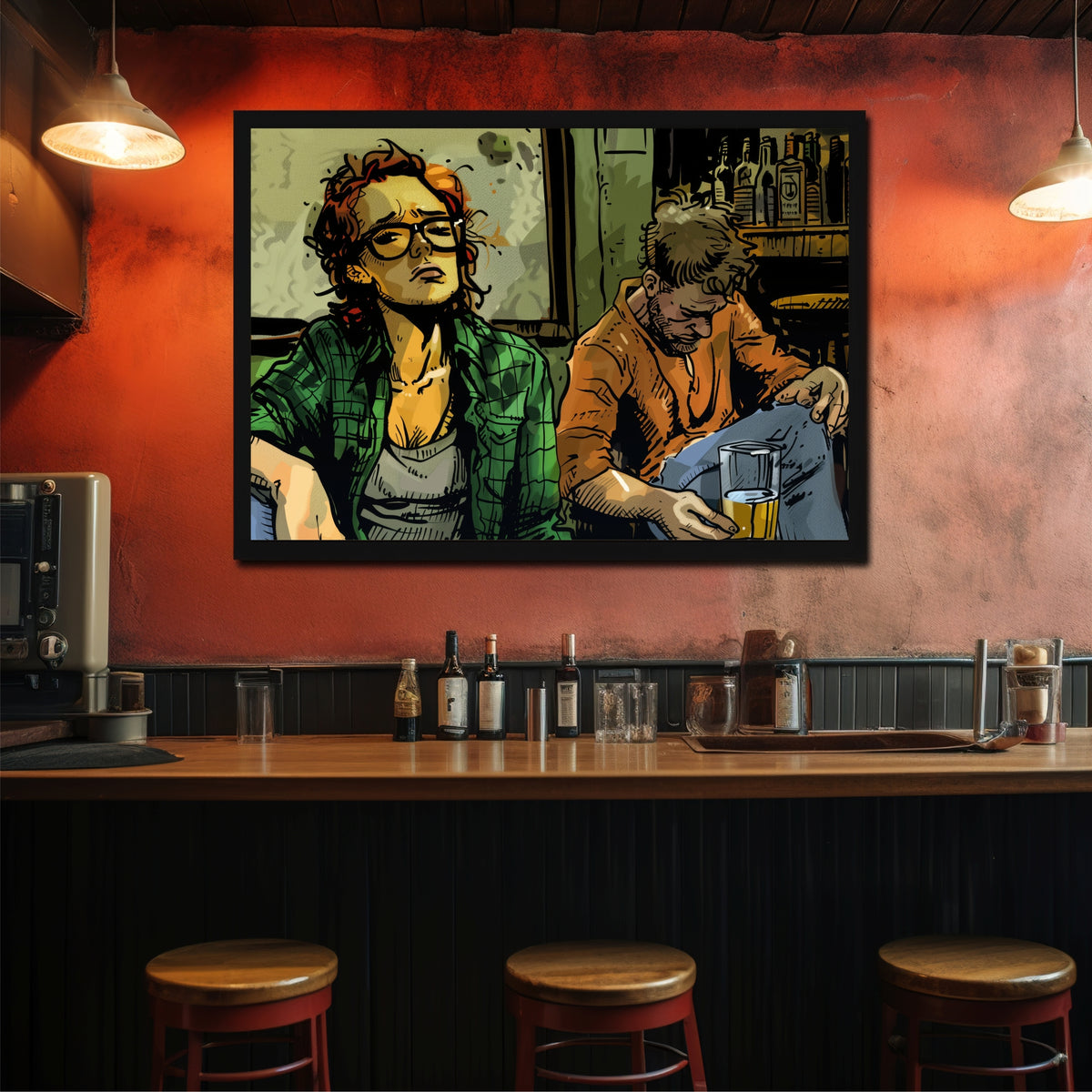 Bar Wall Art | Framed Pub & Beer Artwork | Vintage Bartender & Friends Illustration | Modern Bar Décor