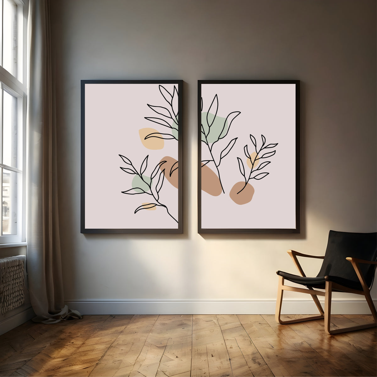 Abstract Botanical Leaf Wall Art Set of 2 | Minimalist Line Art Prints | Neutral Beige & Sage Green Decor