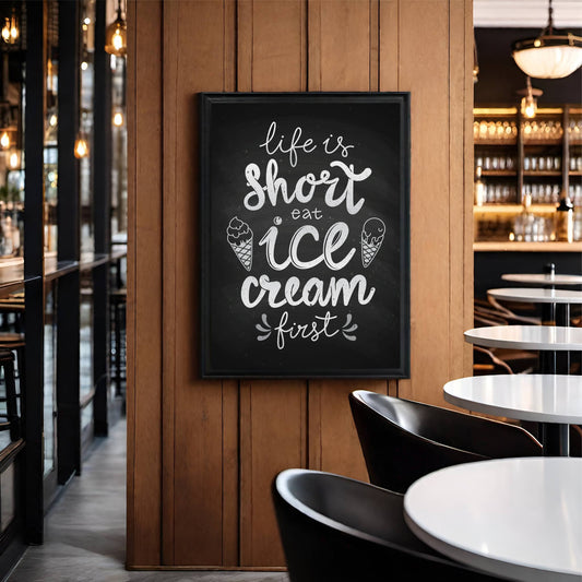 Life Is Short, Eat Ice Cream First – Playful Dessert Wall Frame 🍦🖤