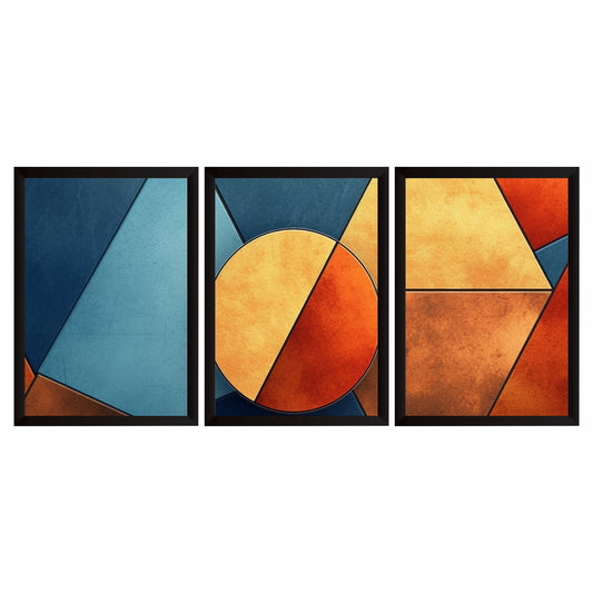 Modern Geometric Wall Art Set of 3 | Blue & Orange Abstract Prints