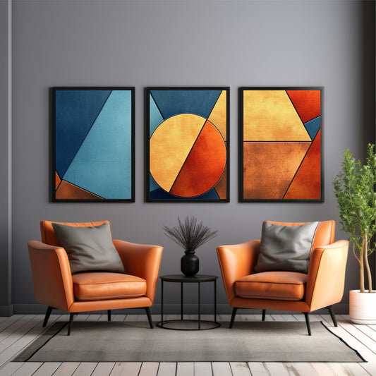 Modern Geometric Wall Art Set of 3 | Blue & Orange Abstract Prints