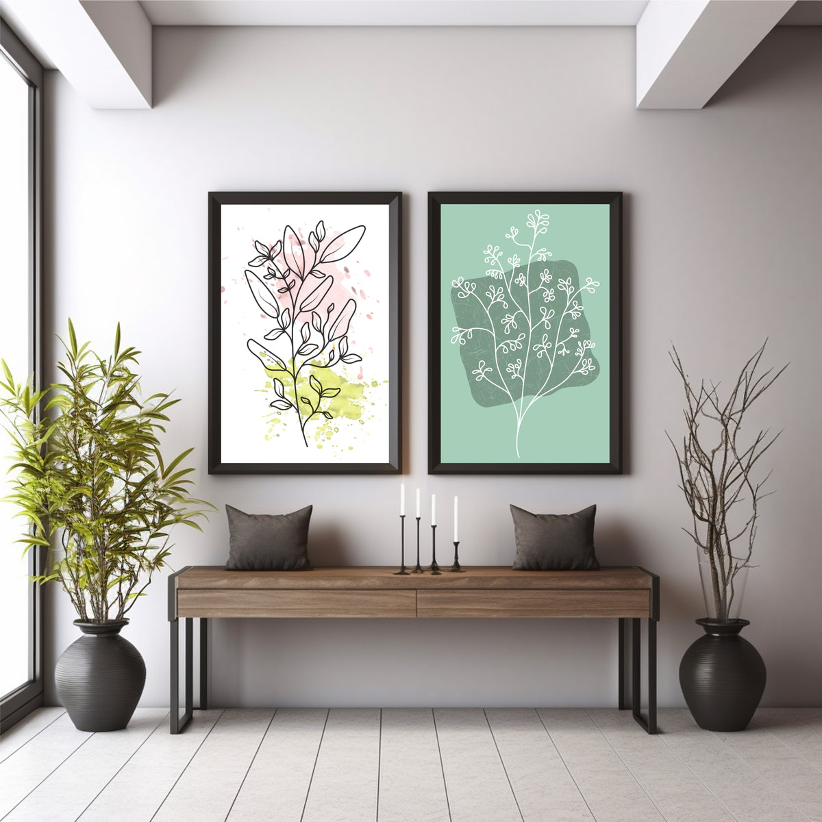 Botanical Line Art Wall Art Set of 2 | Abstract Leaf Prints | Sage Green & Blush Modern Decor