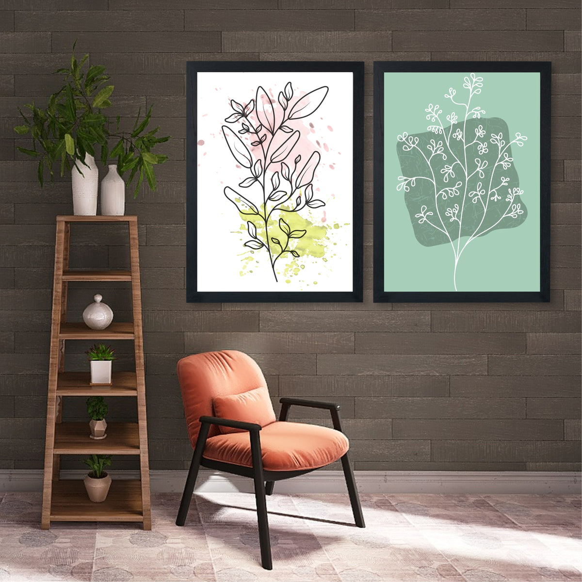 Botanical Line Art Wall Art Set of 2 | Abstract Leaf Prints | Sage Green & Blush Modern Decor