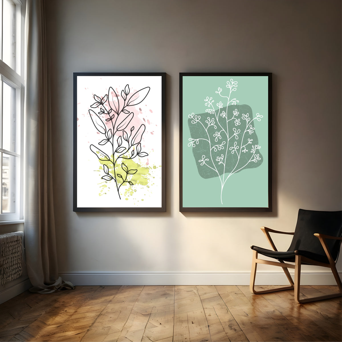 Botanical Line Art Wall Art Set of 2 | Abstract Leaf Prints | Sage Green & Blush Modern Decor
