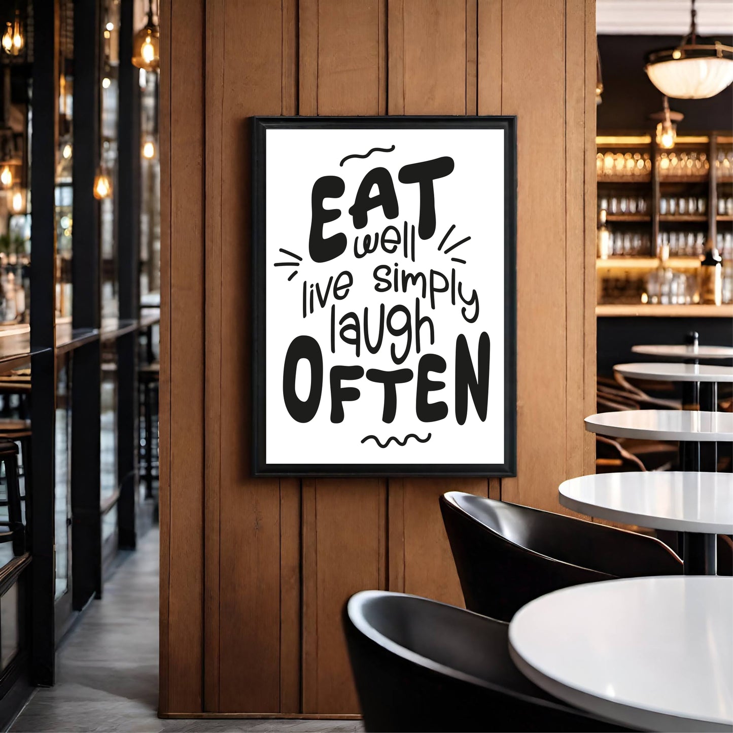 Eat Well, Live Simply, Laugh Often – Minimalist Motivational Wall Frame 🖤✨