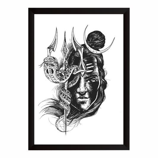 Lord Shiva Wall Art | Mahadev Trishul & Serpent Sketch