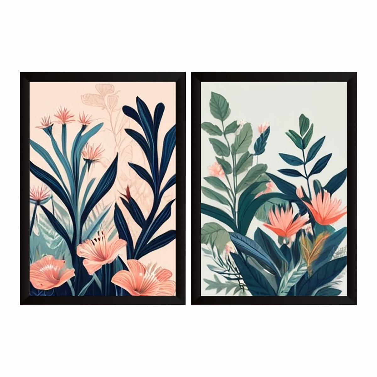 Floral Botanical Wall Art Set of 2 | Blue & Green Tropical Flower Prints | Modern Vintage Nature Decor