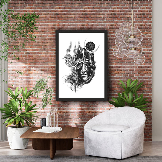 Lord Shiva Wall Art | Mahadev Trishul & Serpent Sketch