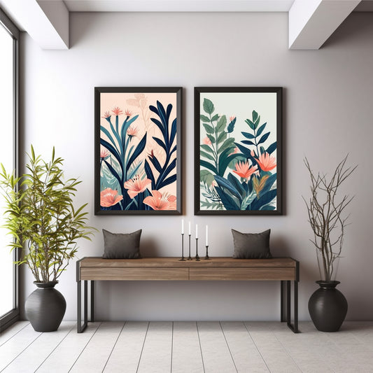 Floral Botanical Wall Art Set of 2 | Blue & Green Tropical Flower Prints | Modern Vintage Nature Decor