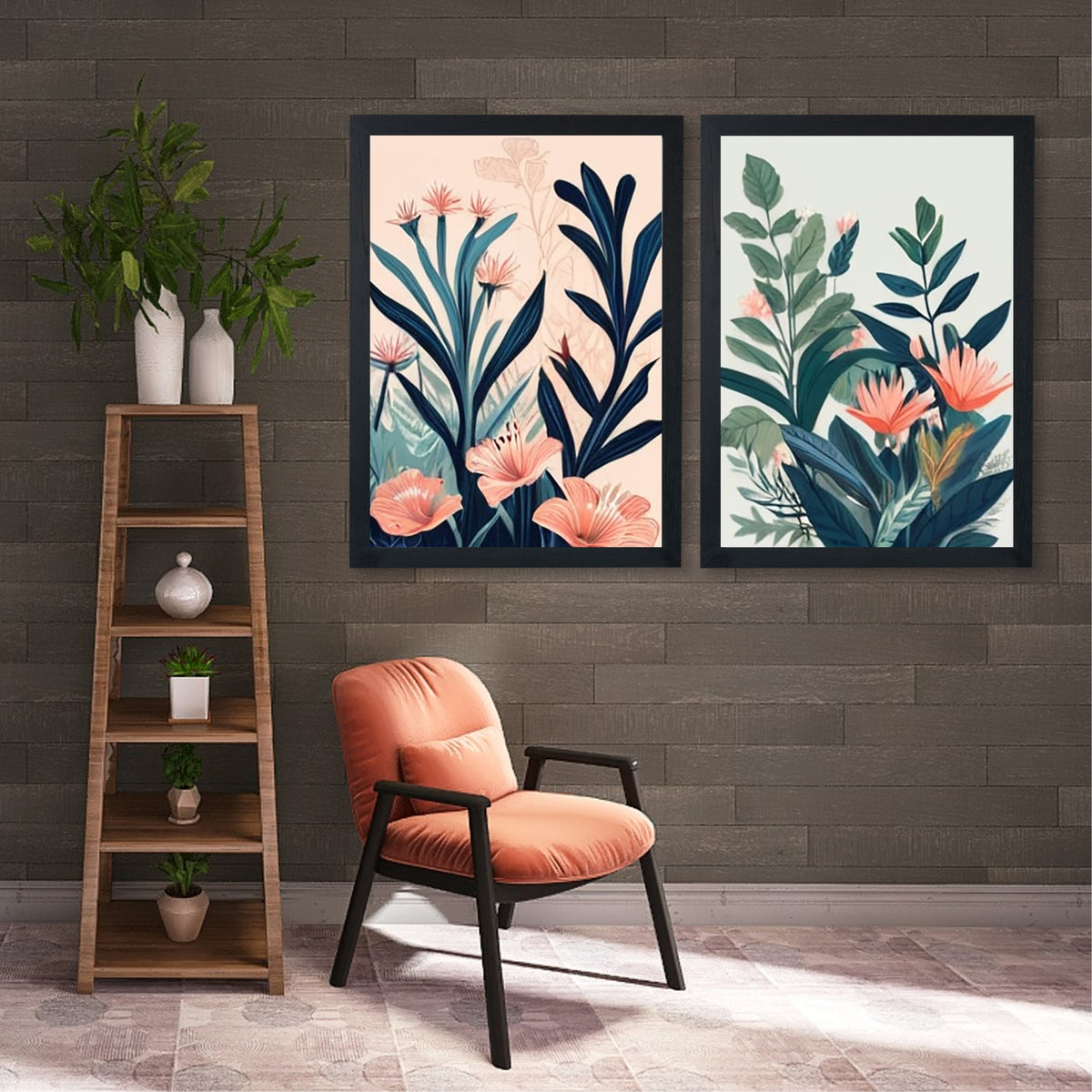 Floral Botanical Wall Art Set of 2 | Blue & Green Tropical Flower Prints | Modern Vintage Nature Decor