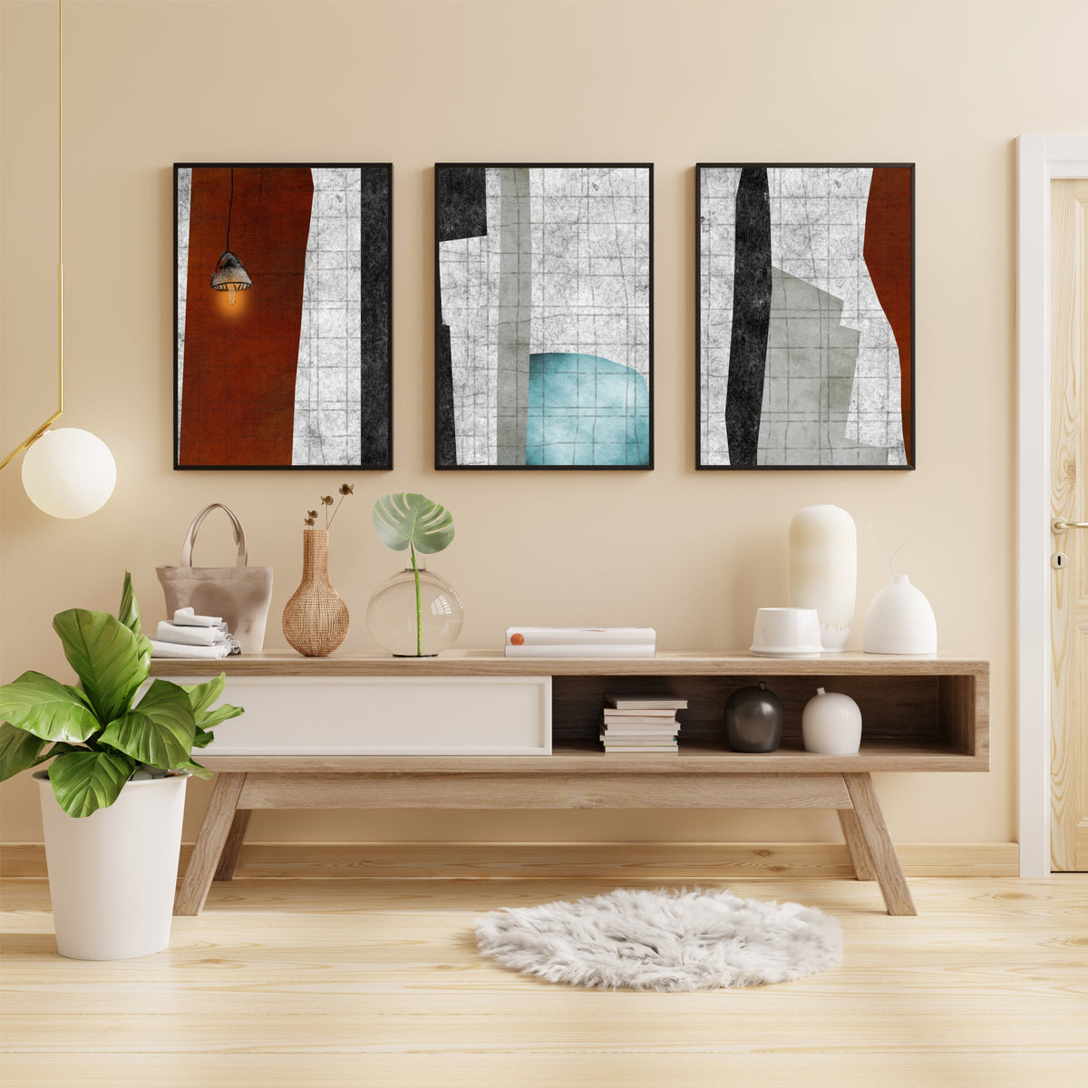 Modern Abstract Wall Art Set of 3 | Textured Geometric Prints