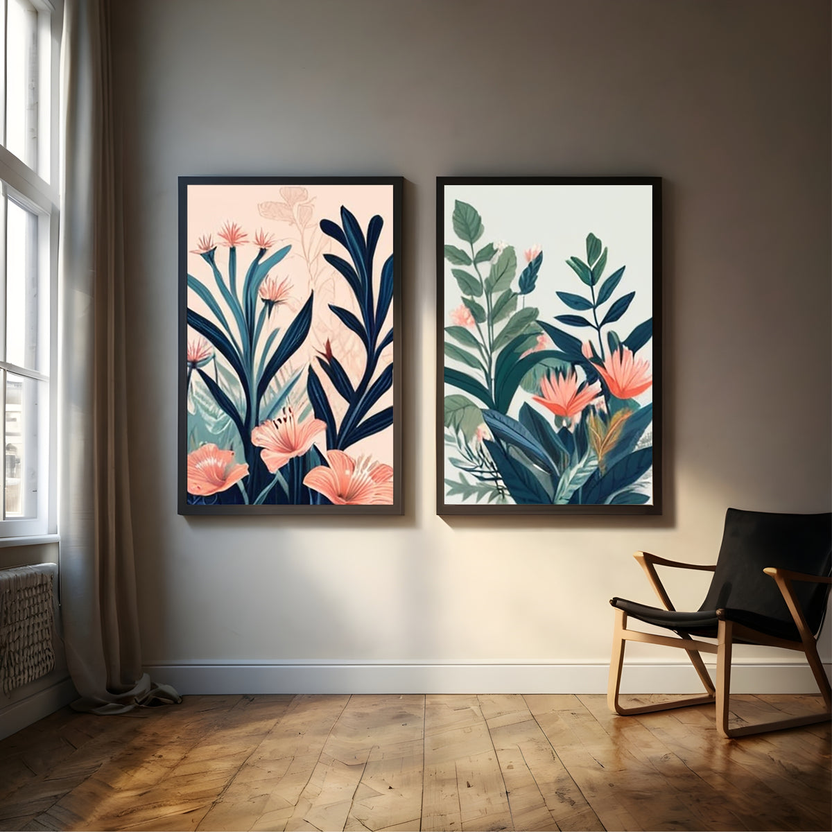 Floral Botanical Wall Art Set of 2 | Blue & Green Tropical Flower Prints | Modern Vintage Nature Decor
