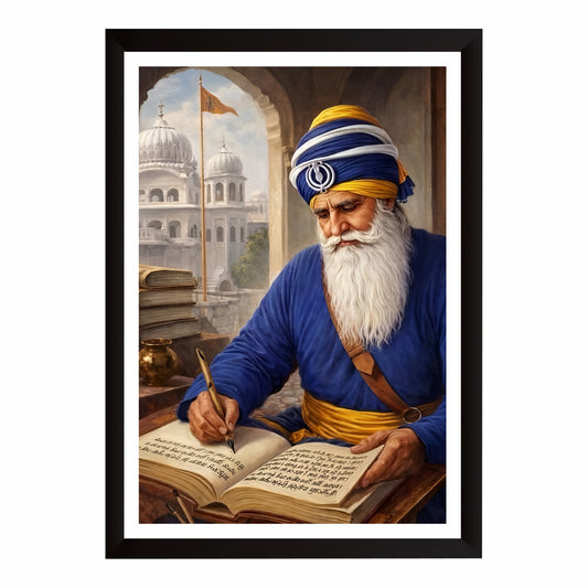Baba Deep Singh Ji Writing Guru Granth Sahib Wall Art | Sikh Heritage Canvas | Spiritual Study & Faith Decor