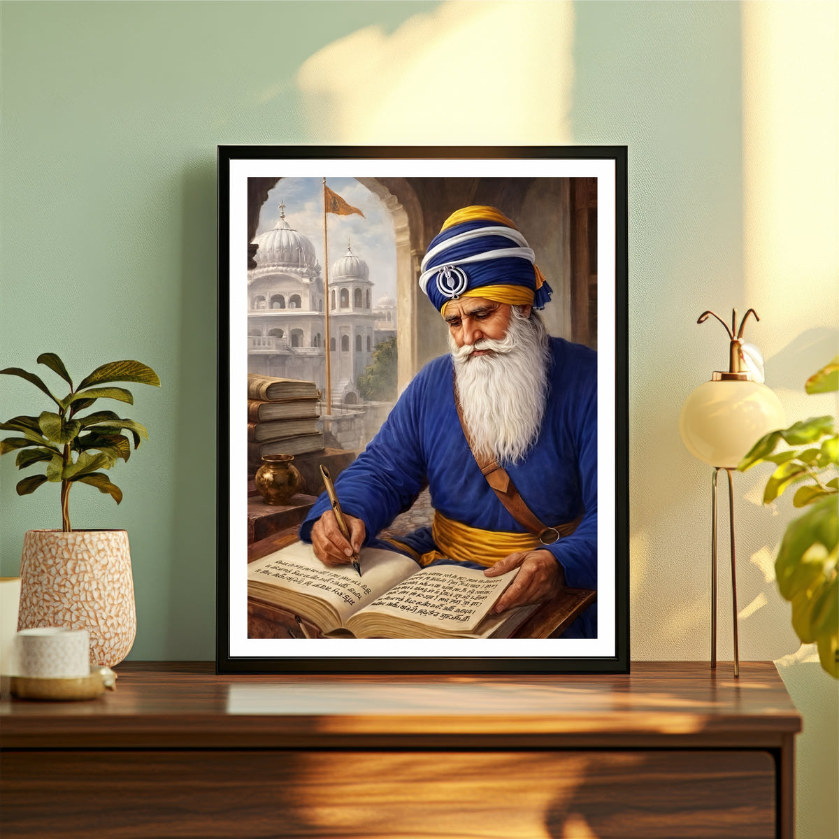 Baba Deep Singh Ji Writing Guru Granth Sahib Wall Art | Sikh Heritage Canvas | Spiritual Study & Faith Decor