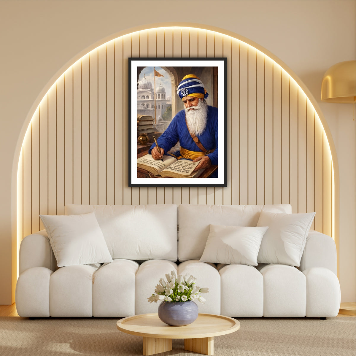 Baba Deep Singh Ji Writing Guru Granth Sahib Wall Art | Sikh Heritage Canvas | Spiritual Study & Faith Decor