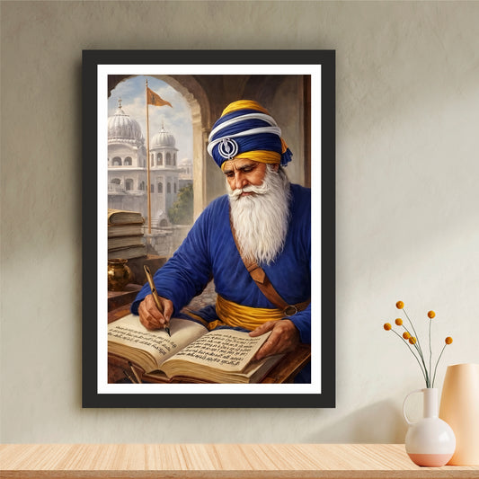 Baba Deep Singh Ji Writing Guru Granth Sahib Wall Art | Sikh Heritage Canvas | Spiritual Study & Faith Decor