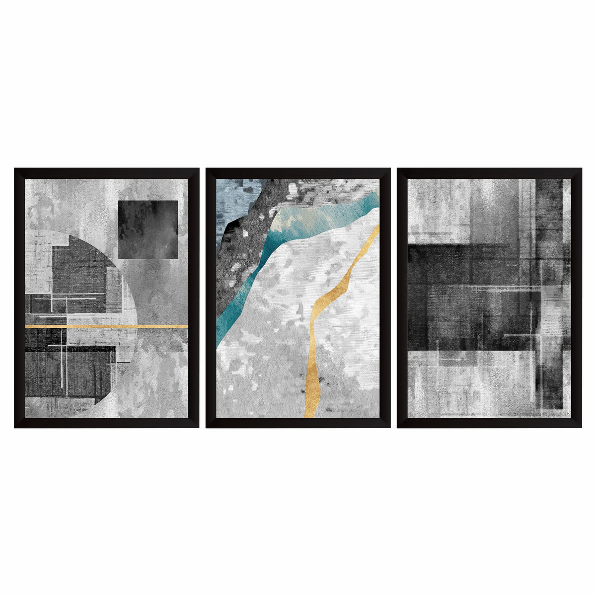 Modern Abstract Wall Art Set of 3 | Grey & Gold Textured Prints
