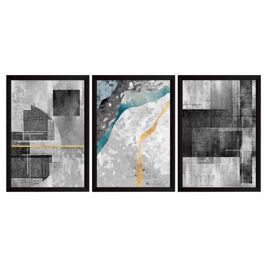 Modern Abstract Wall Art Set of 3 | Grey & Gold Textured Prints