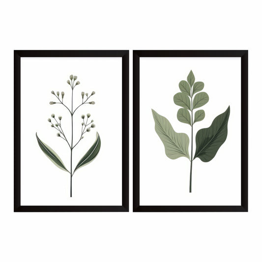 Minimalist Botanical Wall Art Set of 2 | Green Leaf & Wildflower Prints | Modern Nature Decor