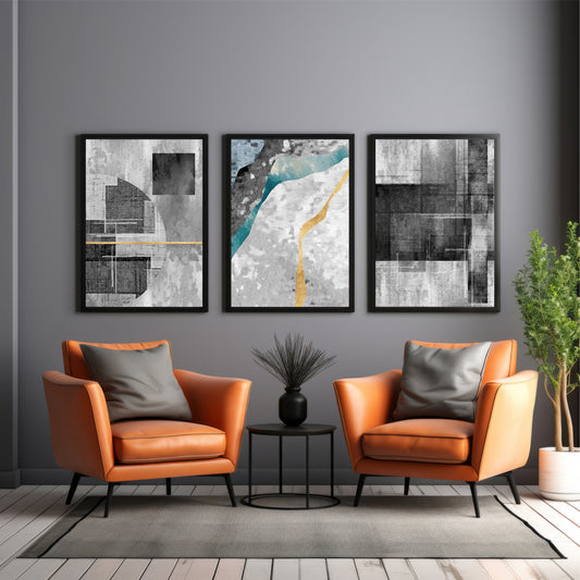 Modern Abstract Wall Art Set of 3 | Grey & Gold Textured Prints