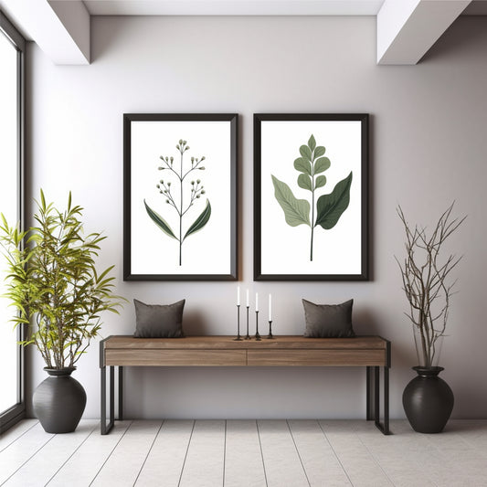 Minimalist Botanical Wall Art Set of 2 | Green Leaf & Wildflower Prints | Modern Nature Decor
