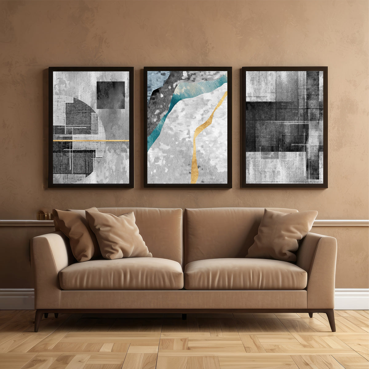 Modern Abstract Wall Art Set of 3 | Grey & Gold Textured Prints