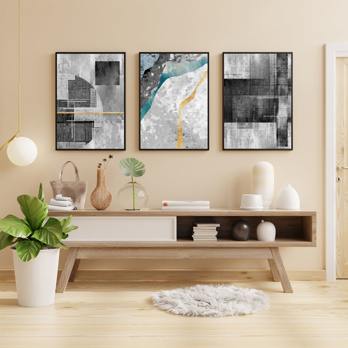 Modern Abstract Wall Art Set of 3 | Grey & Gold Textured Prints