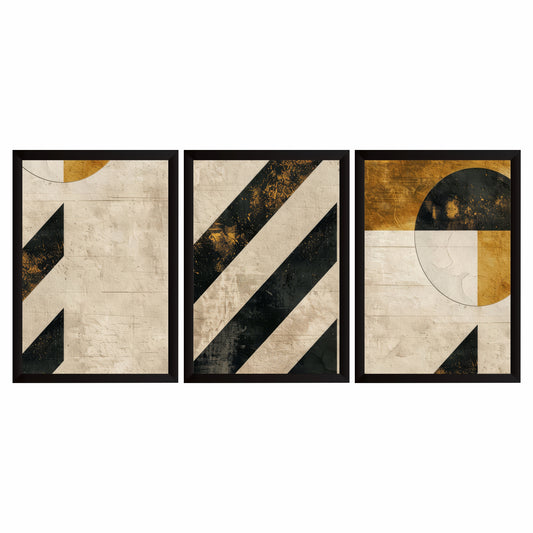 Minimalist Geometric Wall Art Set of 3 | Black & Gold Abstract Prints