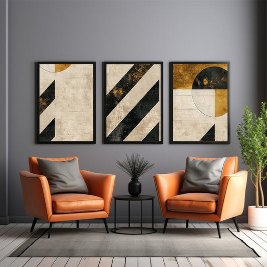 Minimalist Geometric Wall Art Set of 3 | Black & Gold Abstract Prints