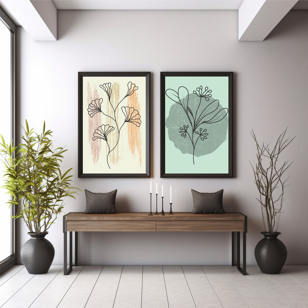 Abstract Floral Wall Art Set of 2 | Minimalist Botanical Flower Prints | Sage Green & Neutral Nature Decor