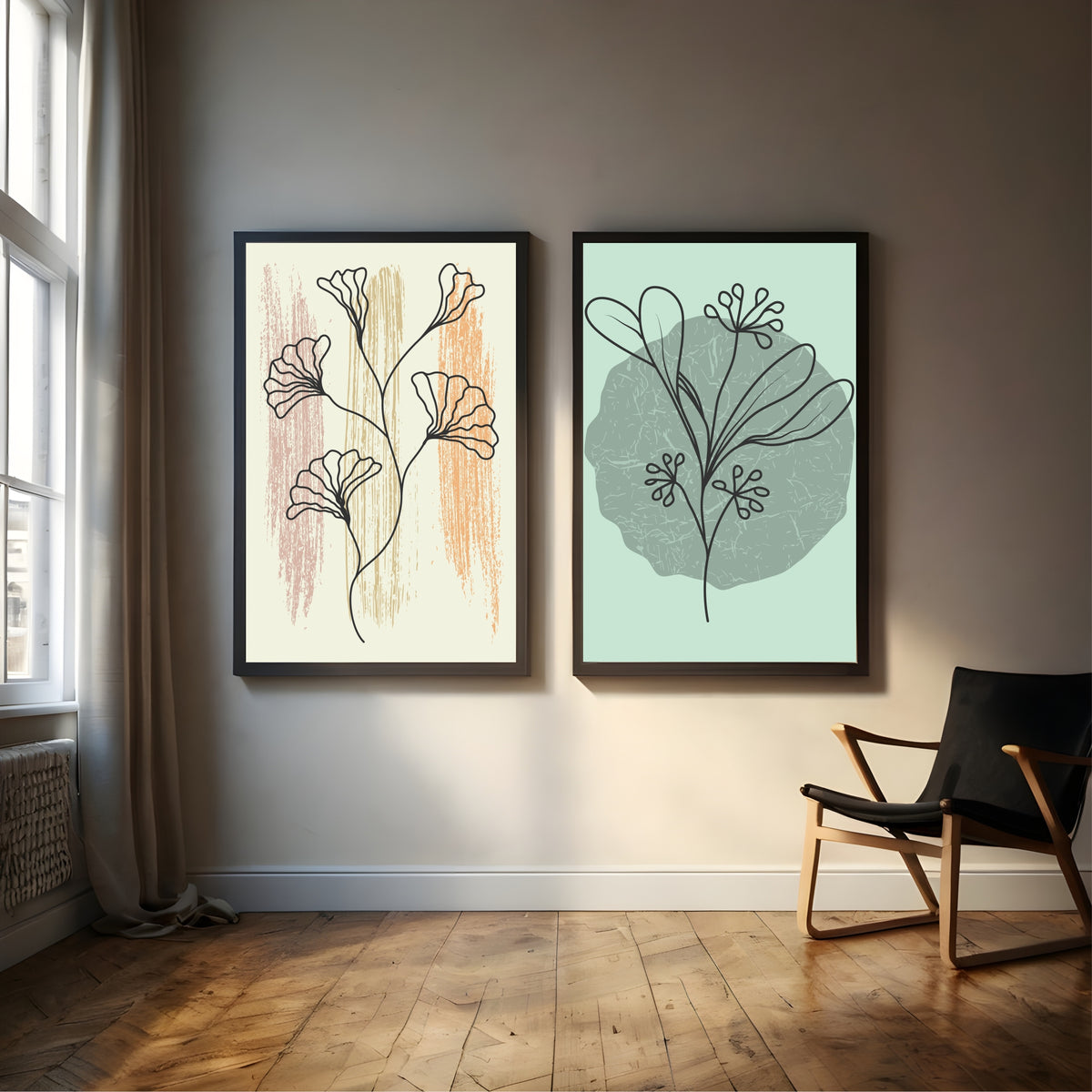 Abstract Floral Wall Art Set of 2 | Minimalist Botanical Flower Prints | Sage Green & Neutral Nature Decor