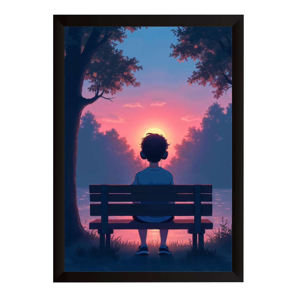 Peaceful Sunset Boy Wall Art | Anime Nature Artwork