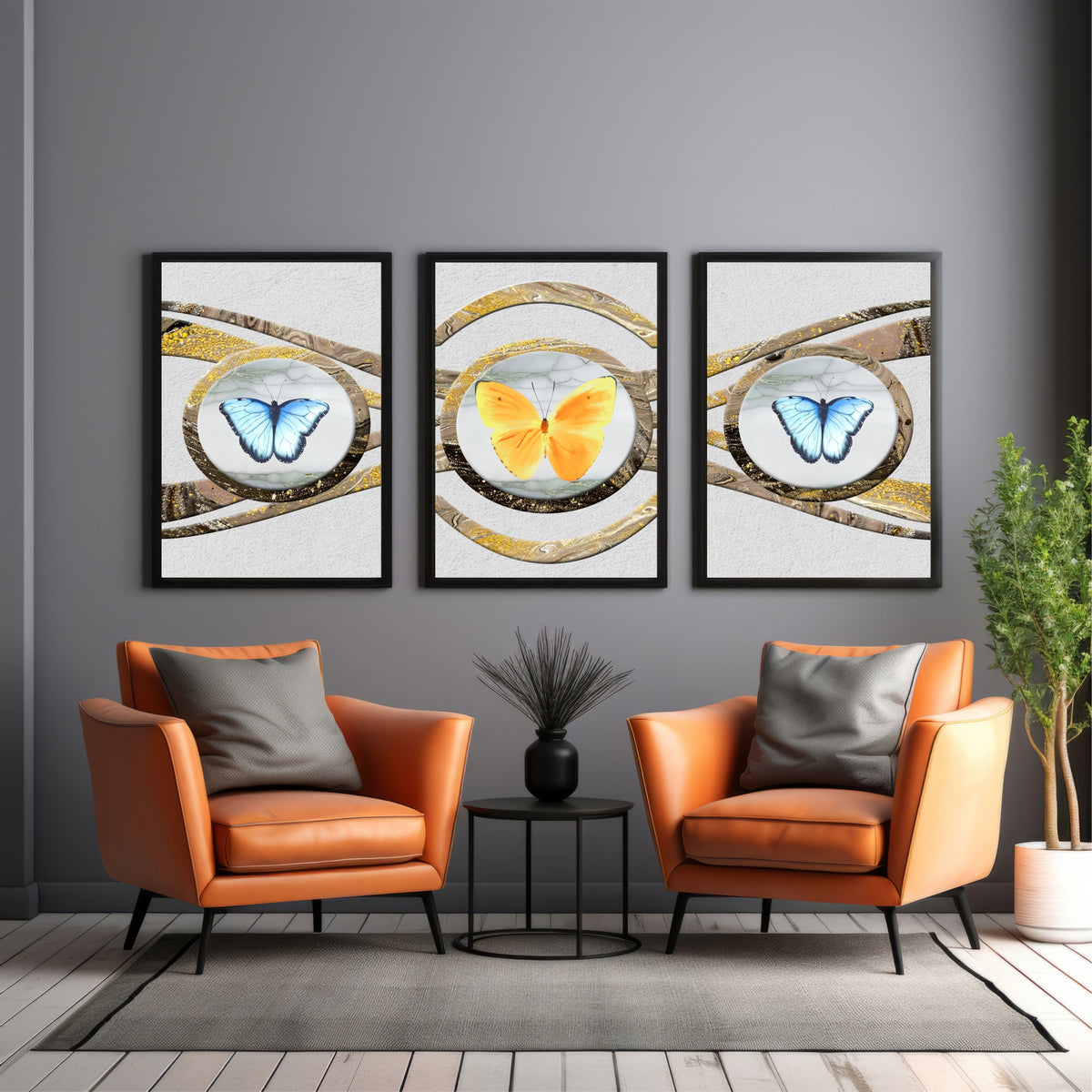 Butterfly Wall Art Set of 3 | Gold & Blue Decor