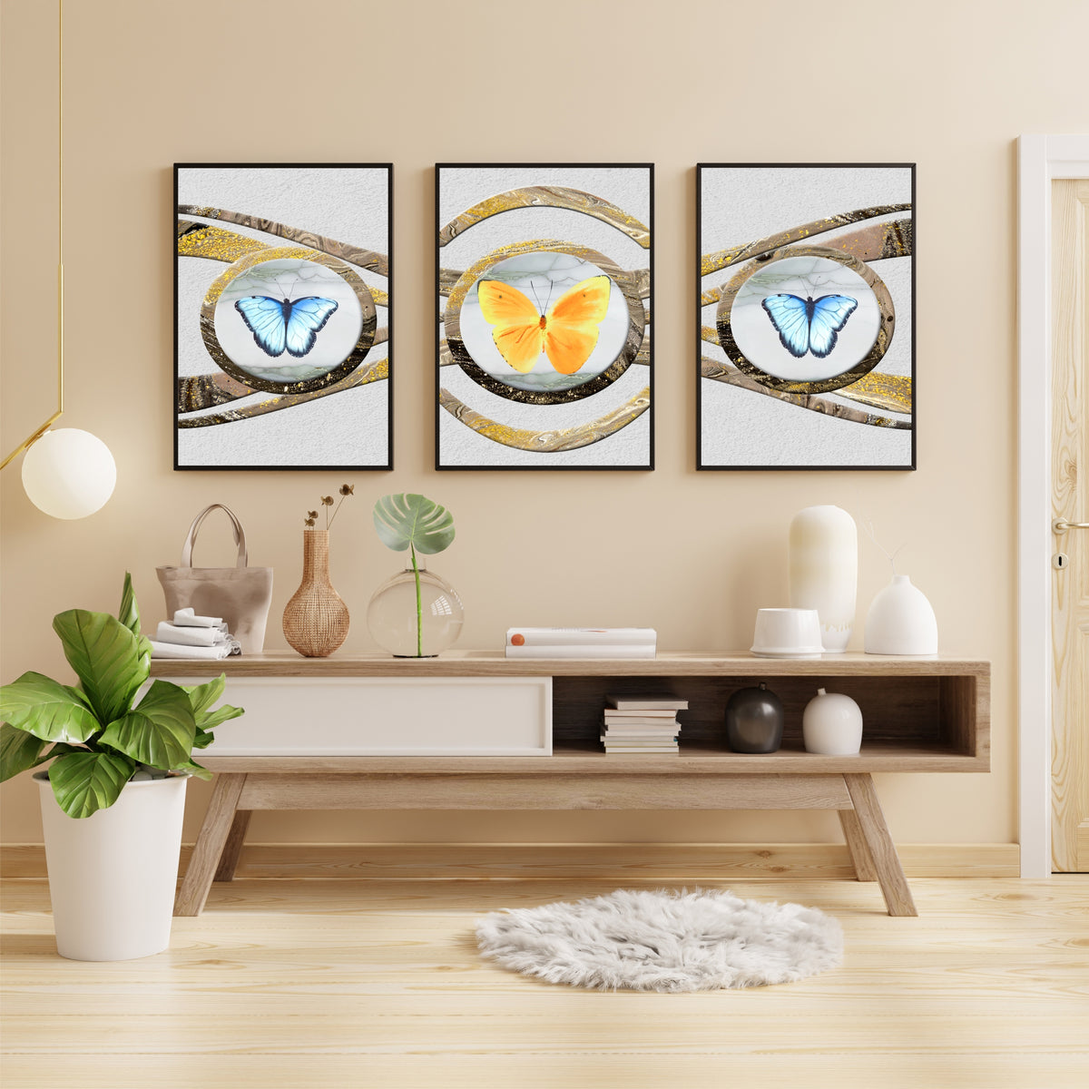 Butterfly Wall Art Set of 3 | Gold & Blue Decor